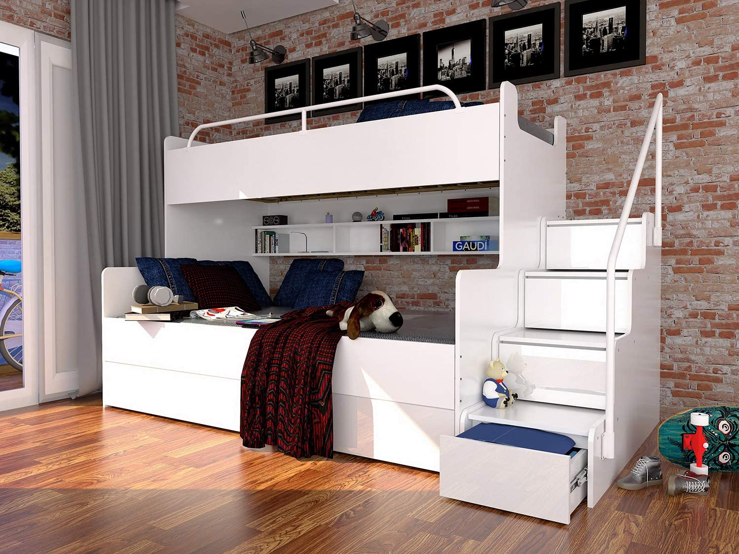Bunk Bed for 2 Children Stairs Shelves Drawers Rail