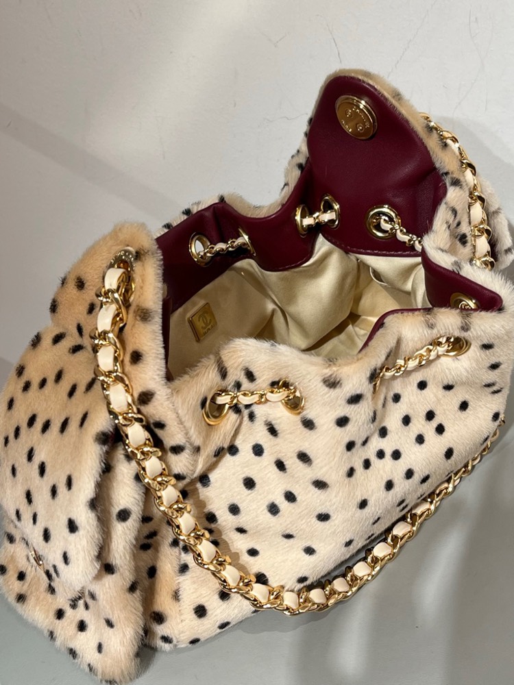 Chanel Mini 25 Spotted Shearling Fur Drawstring Bucket Bag Chain Shoulder Bag