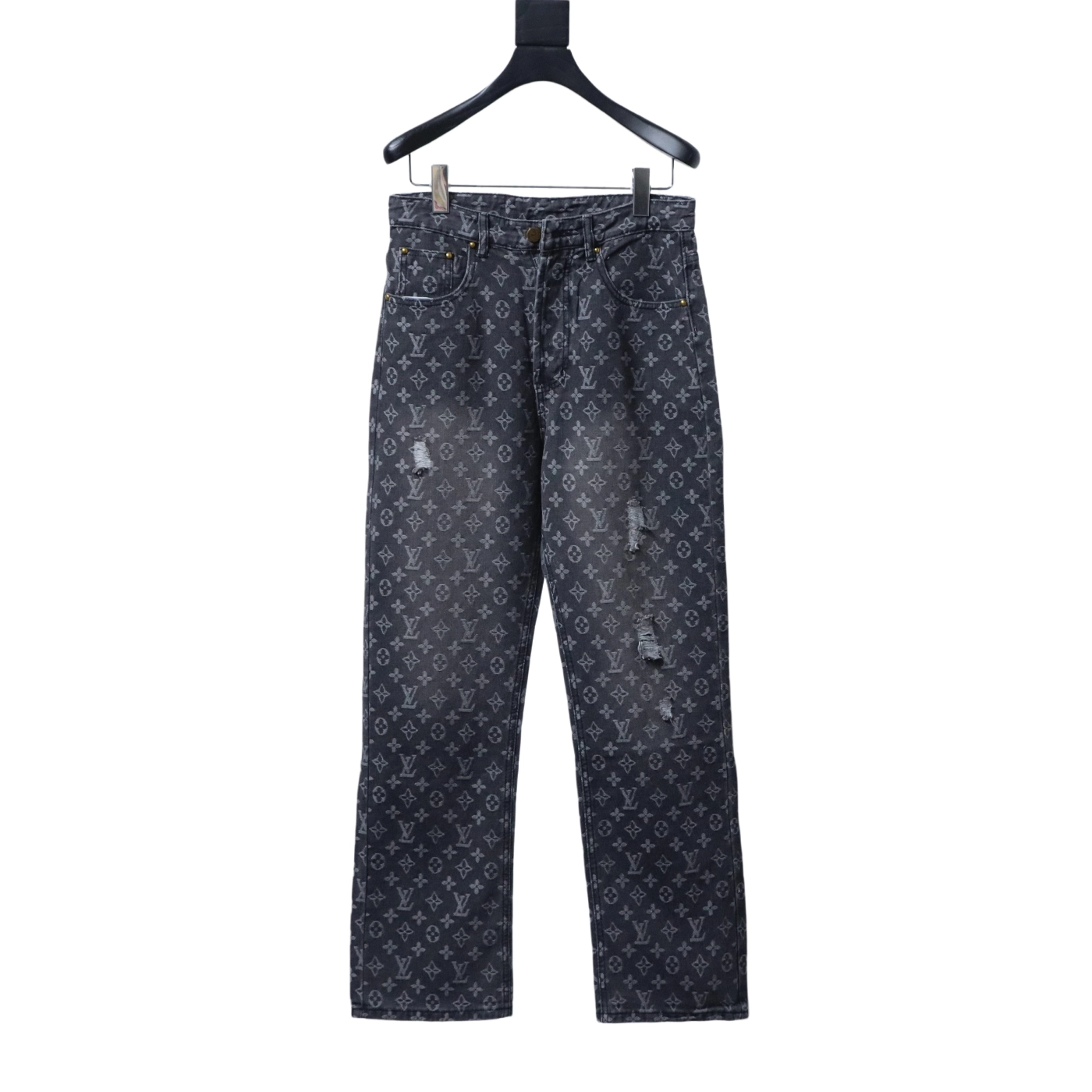 Louis Vuitton All-over Print Distressed Jeans Black