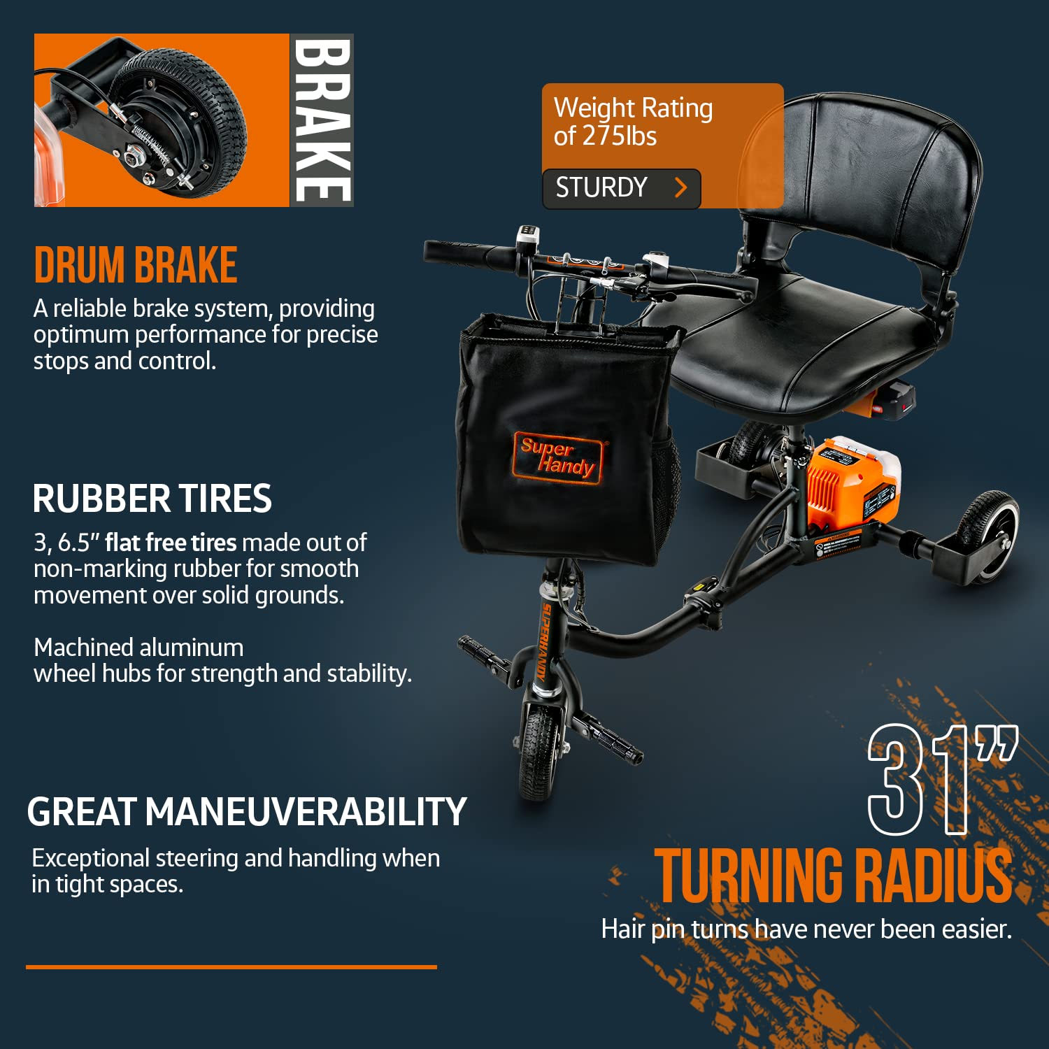 SuperHandy 3 Wheel Folding Mobility Scooter - Electric Powered
