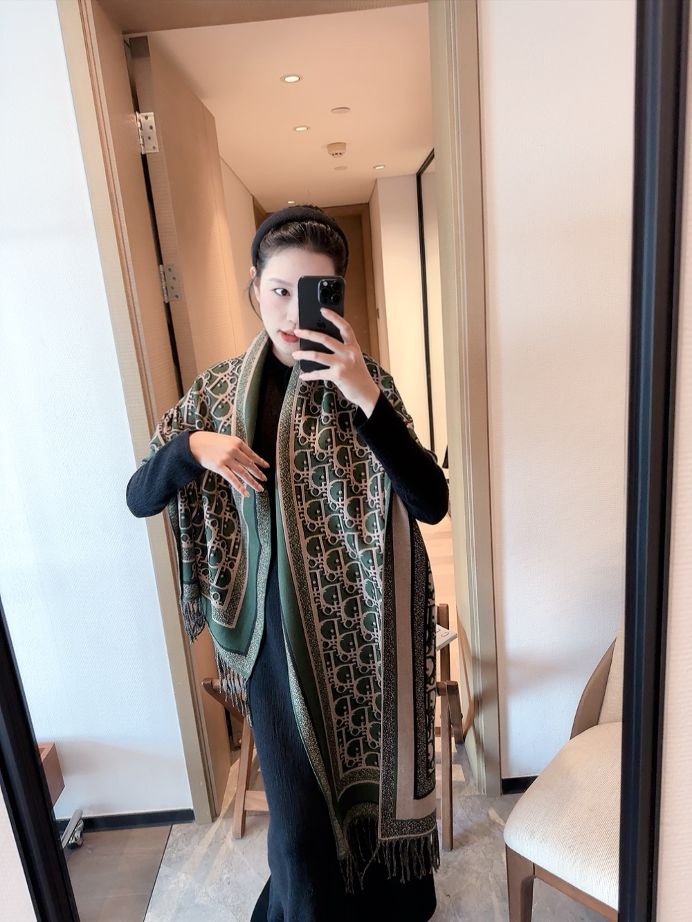 Dior Oblique Scarf Beige and Green 65 x 180 cm
