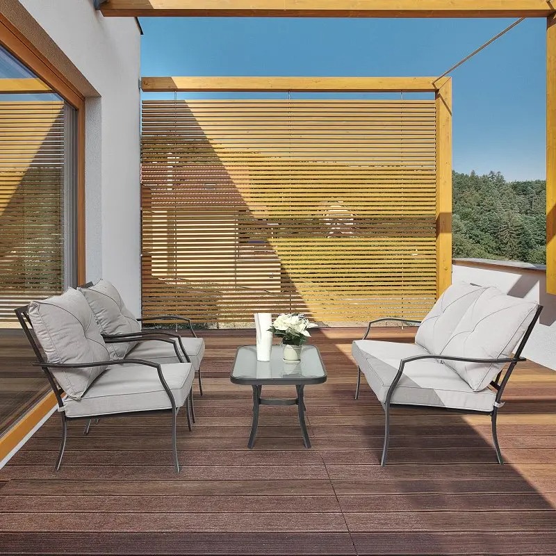 Outsunny 4 Pcs Metal Frame Garden Chatting Set w Sofa 2 Chairs