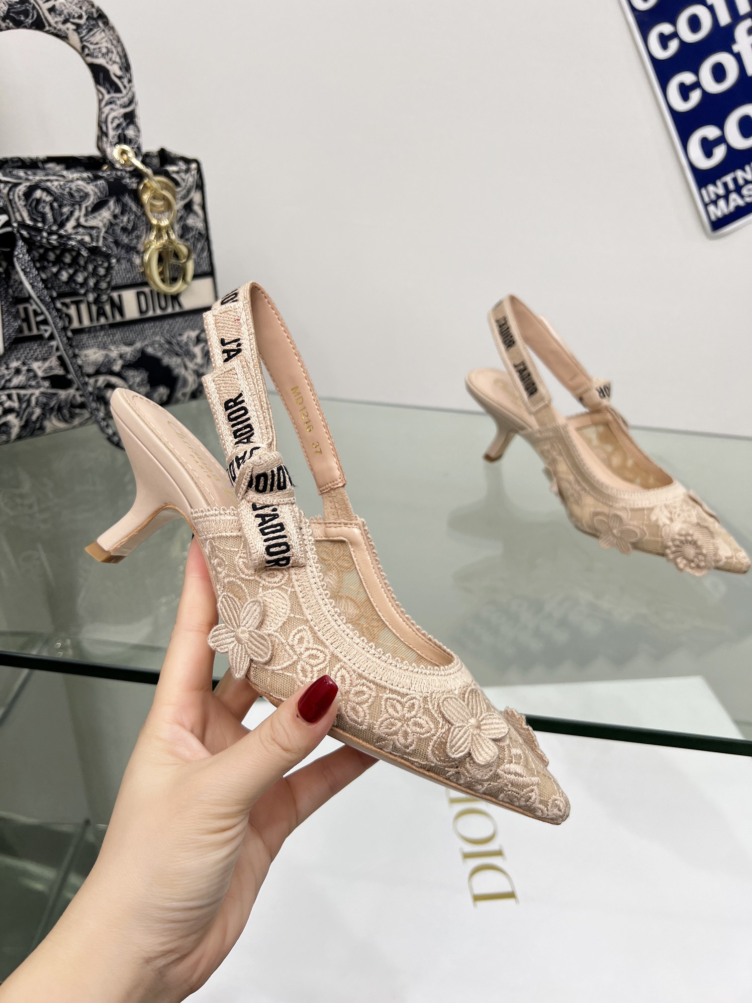 Christian Dior J'Adior Lace Floral Slingback High‑Heel