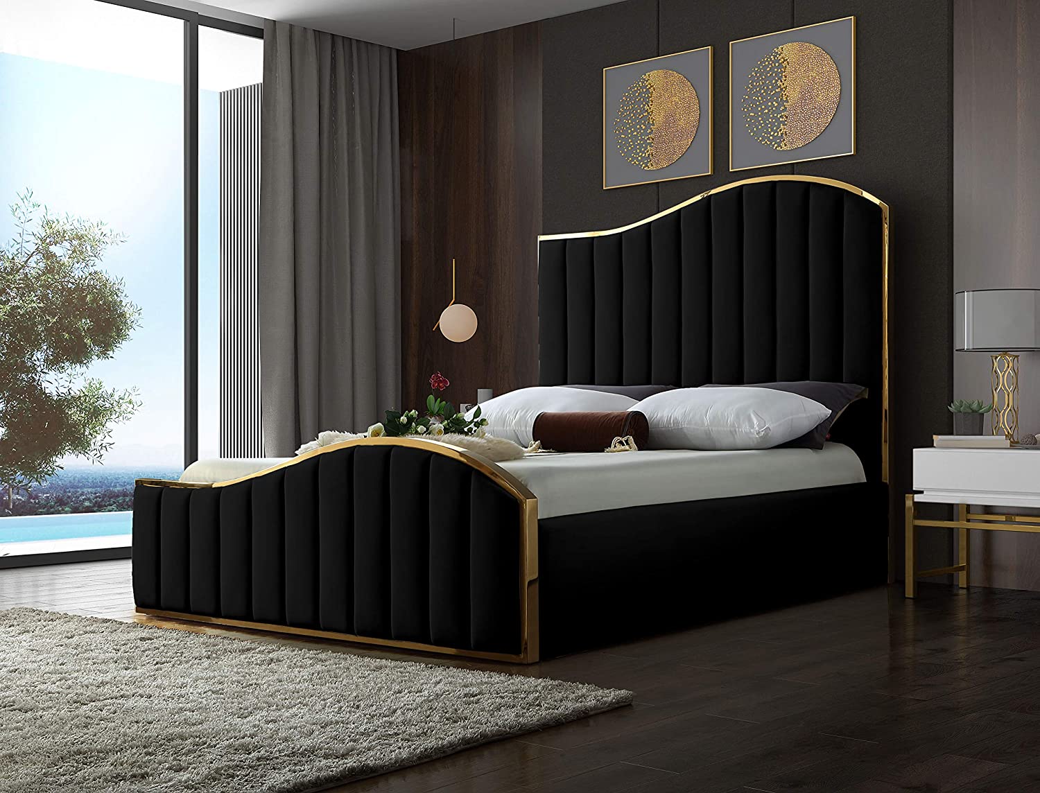 Contemporary Velvet Upholstered Bed With Channel Tufting &