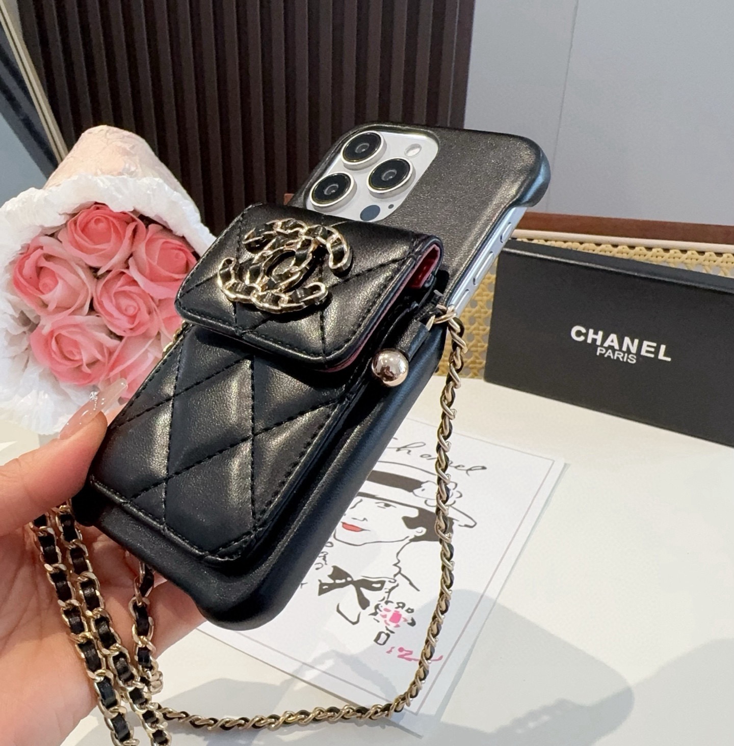 Chanel Style Quilted Leather Phone Case with Crossbody Chain & Card Pocket