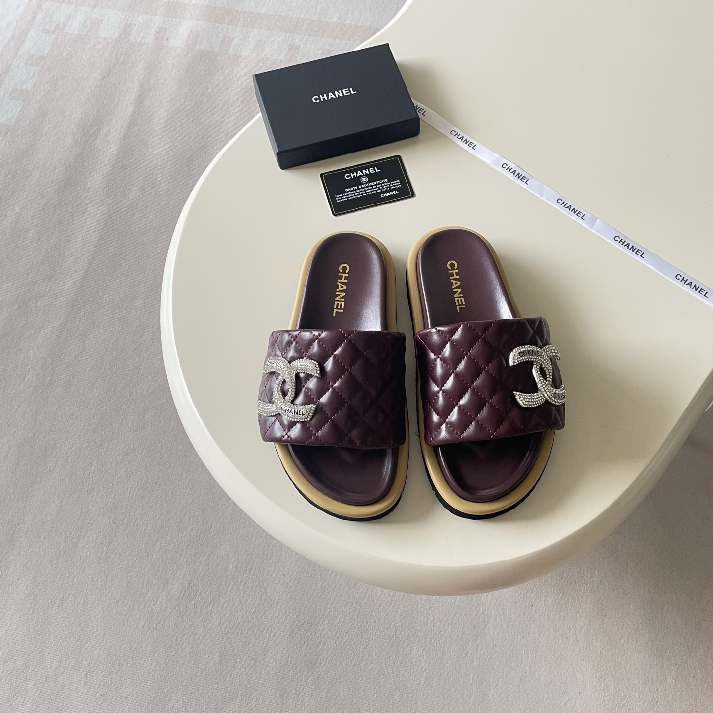 Chanel Embroidered Logo Strap Slides - Burgundy & Tan