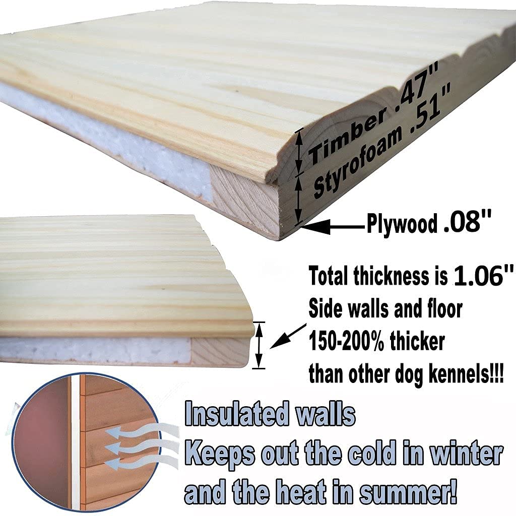 Insulated Wooden Dog Kennel Cedar Color with Support Rails and
