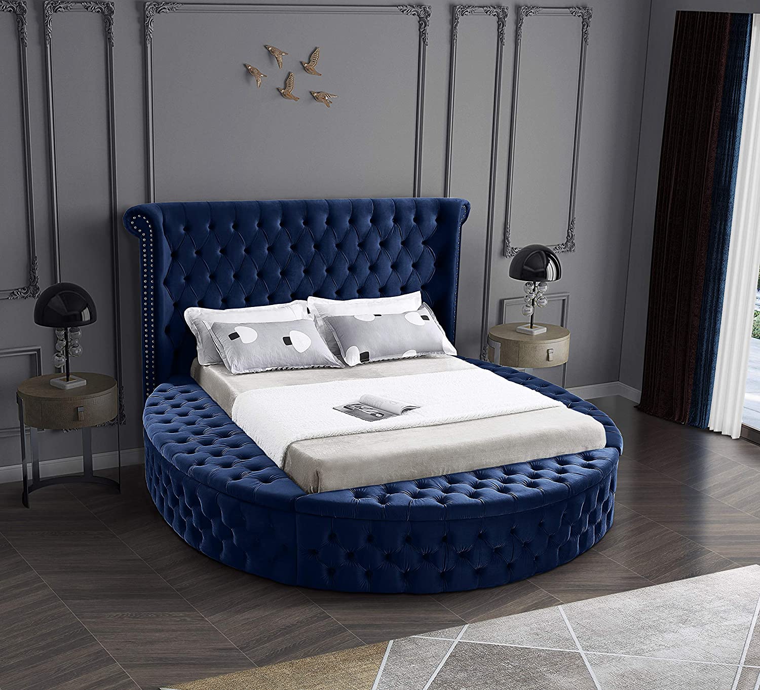 Contemporary Round Shaped Velvet Upholstered Bed with Deep