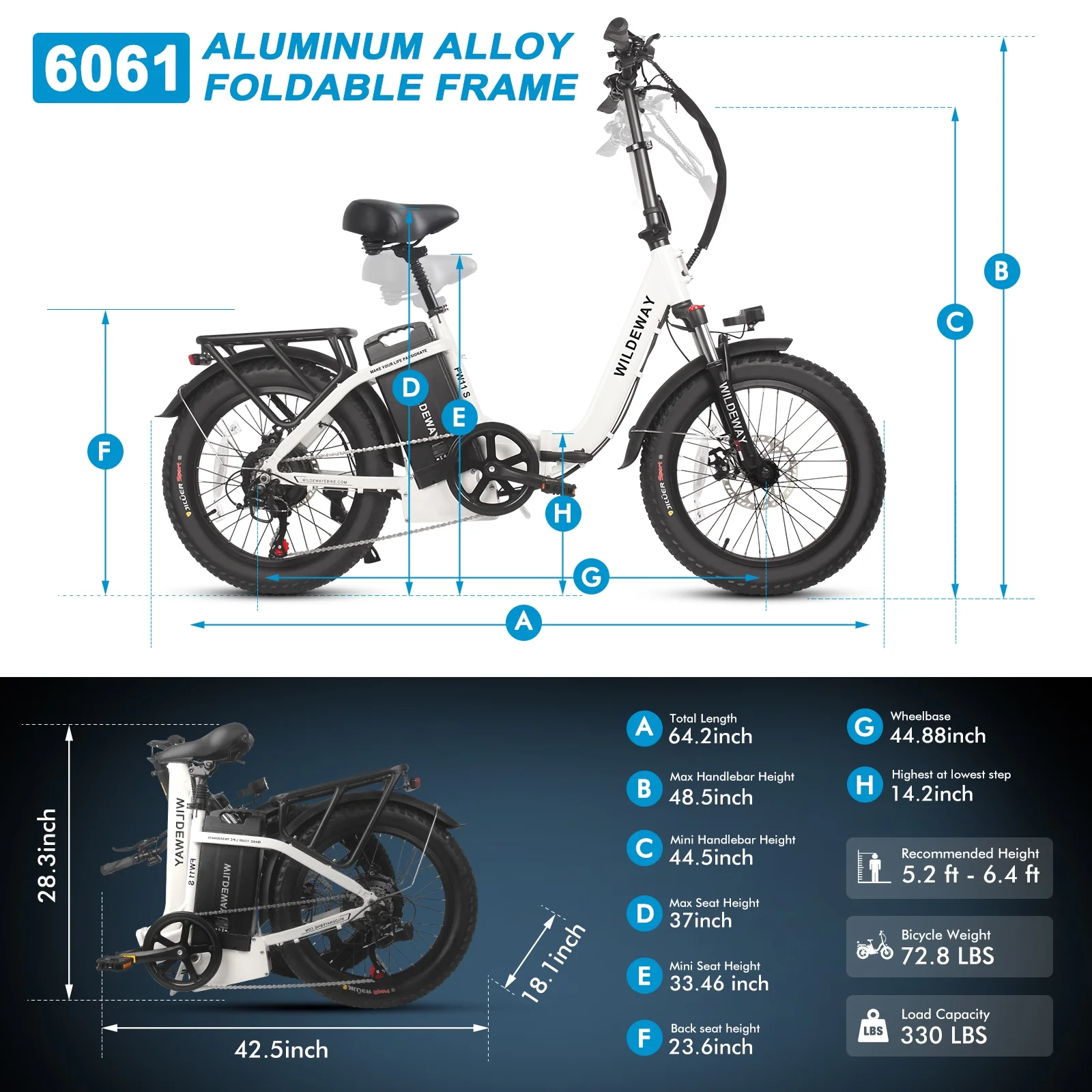Wildeway 20in Folding Electric Bike, 750W, 48V 32Ah, Hydraulic Brakes