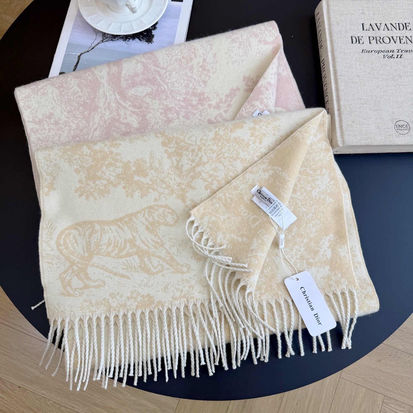 Dior Toile Print Shawl Black and Beige and Pink 180 x 45 cm