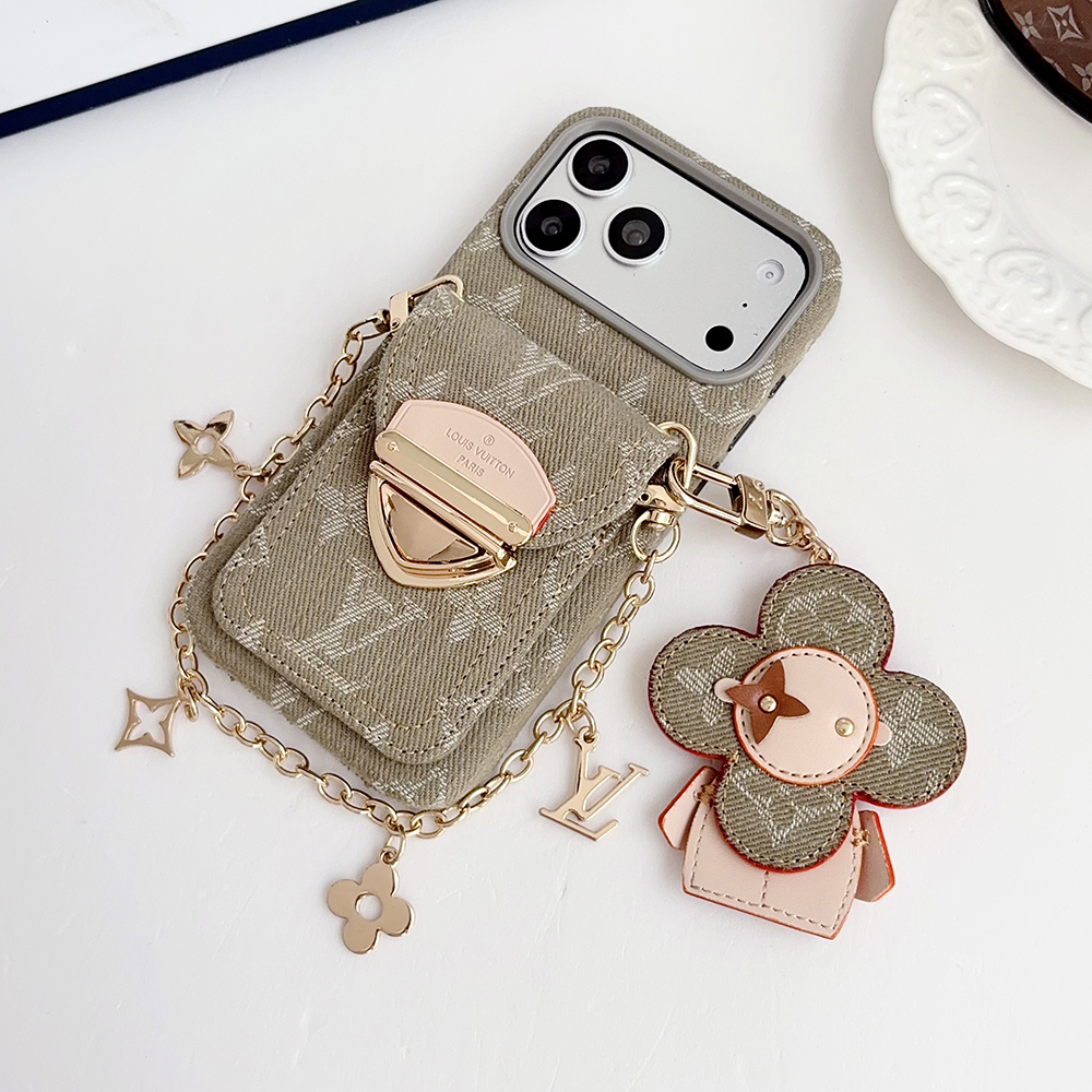 LV Monogram Denim Card Holder Phone Case With Chain Wrist Strap Vivienne Flower Charm