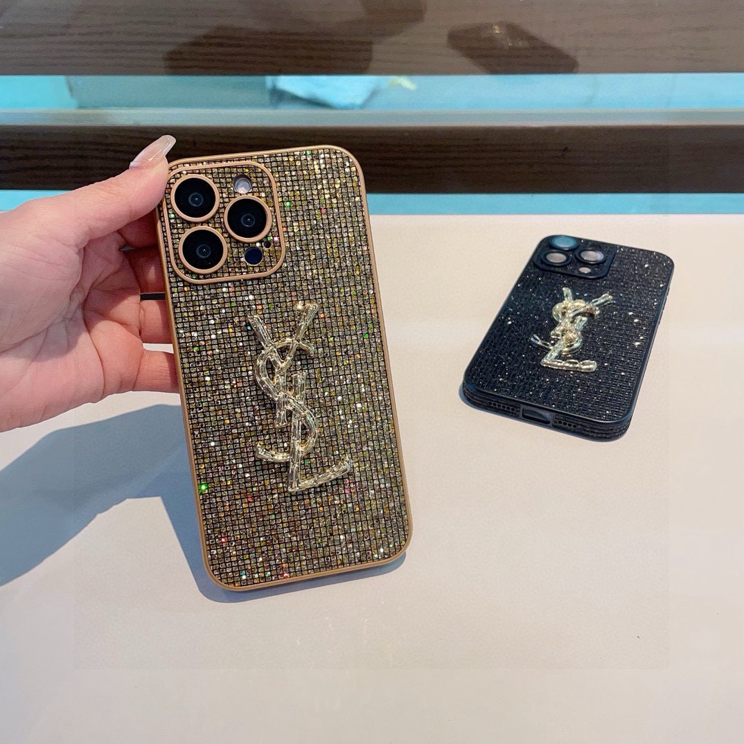 YSL Full Bling Glitter Diamond 3D Metal Logo Luxury Shockproof Phone Case