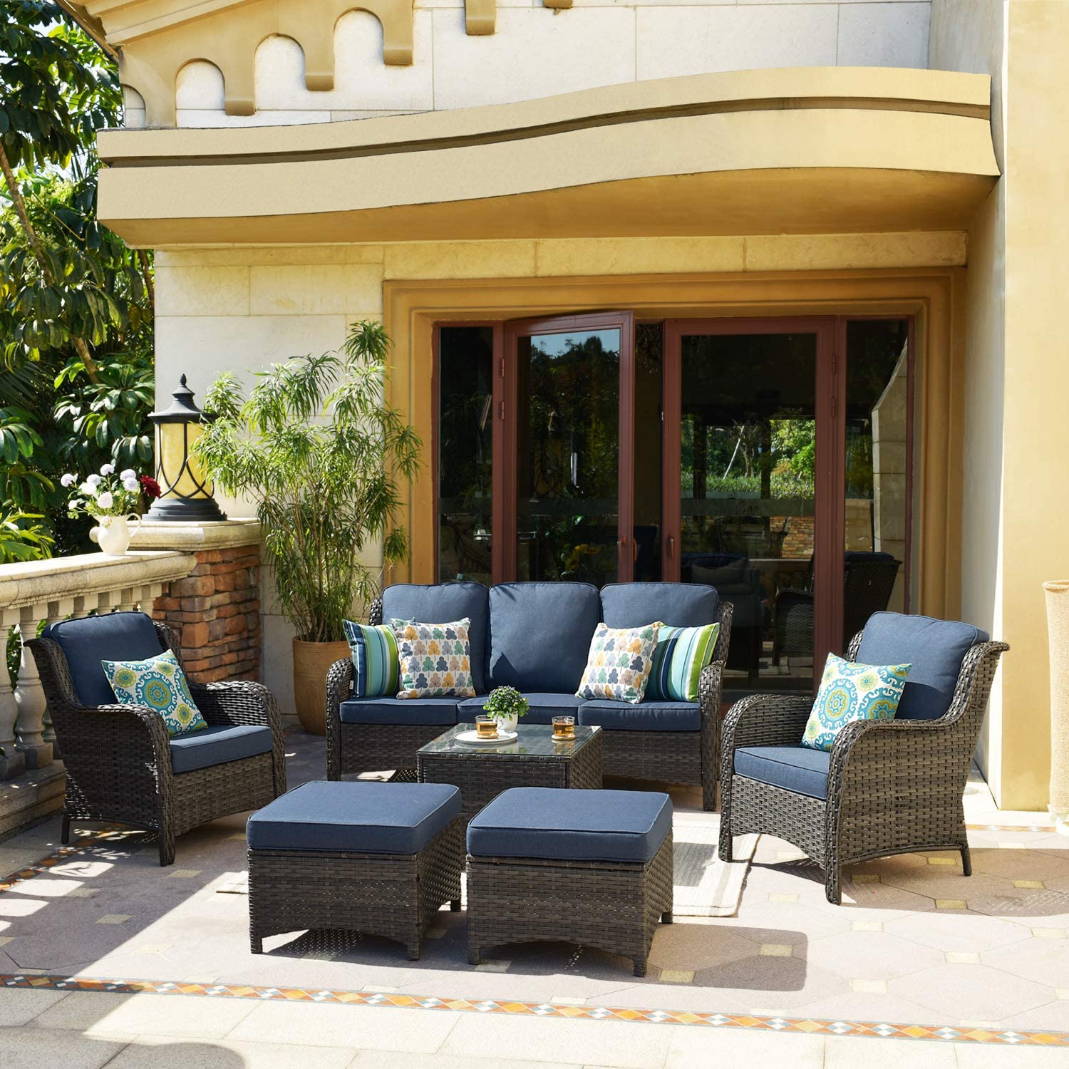 Patio Furniture Conversation Wicker 6 Pcs High Back Sofa w