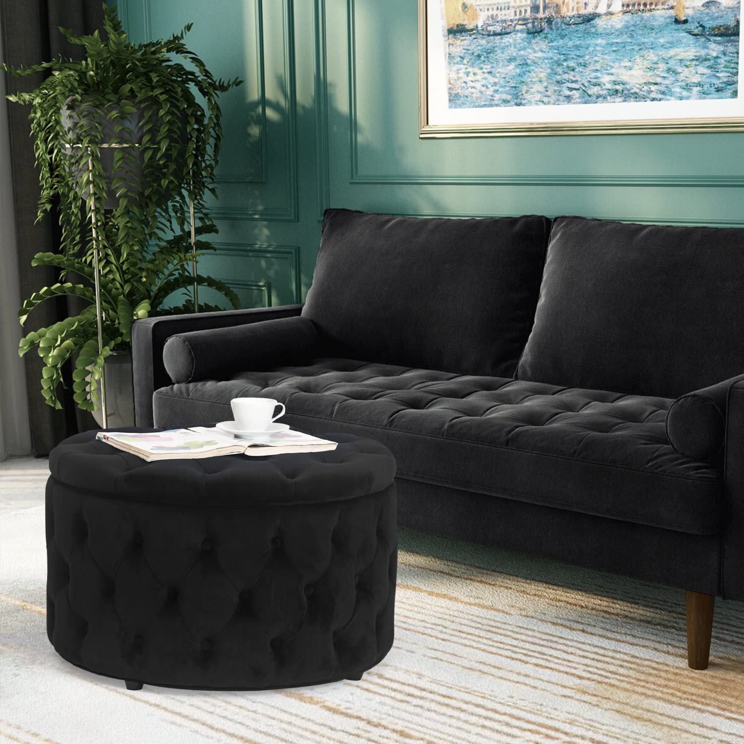 Homebeez Round Velvet Storage Ottoman