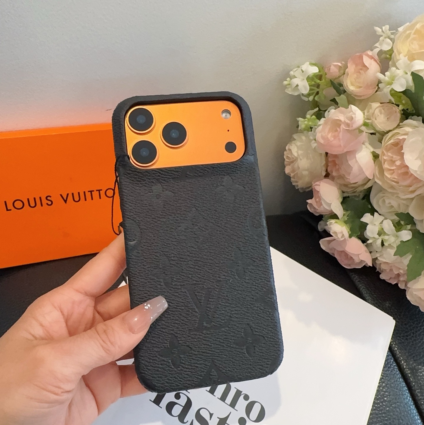 Louis Vuitton Style Embossed Monogram Leather Slim Phone Case