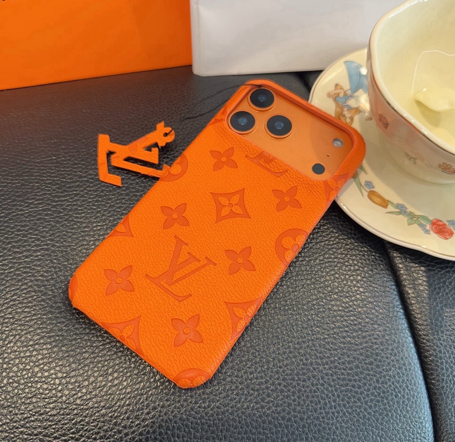 Louis Vuitton Style Embossed Monogram Leather Slim Phone Case
