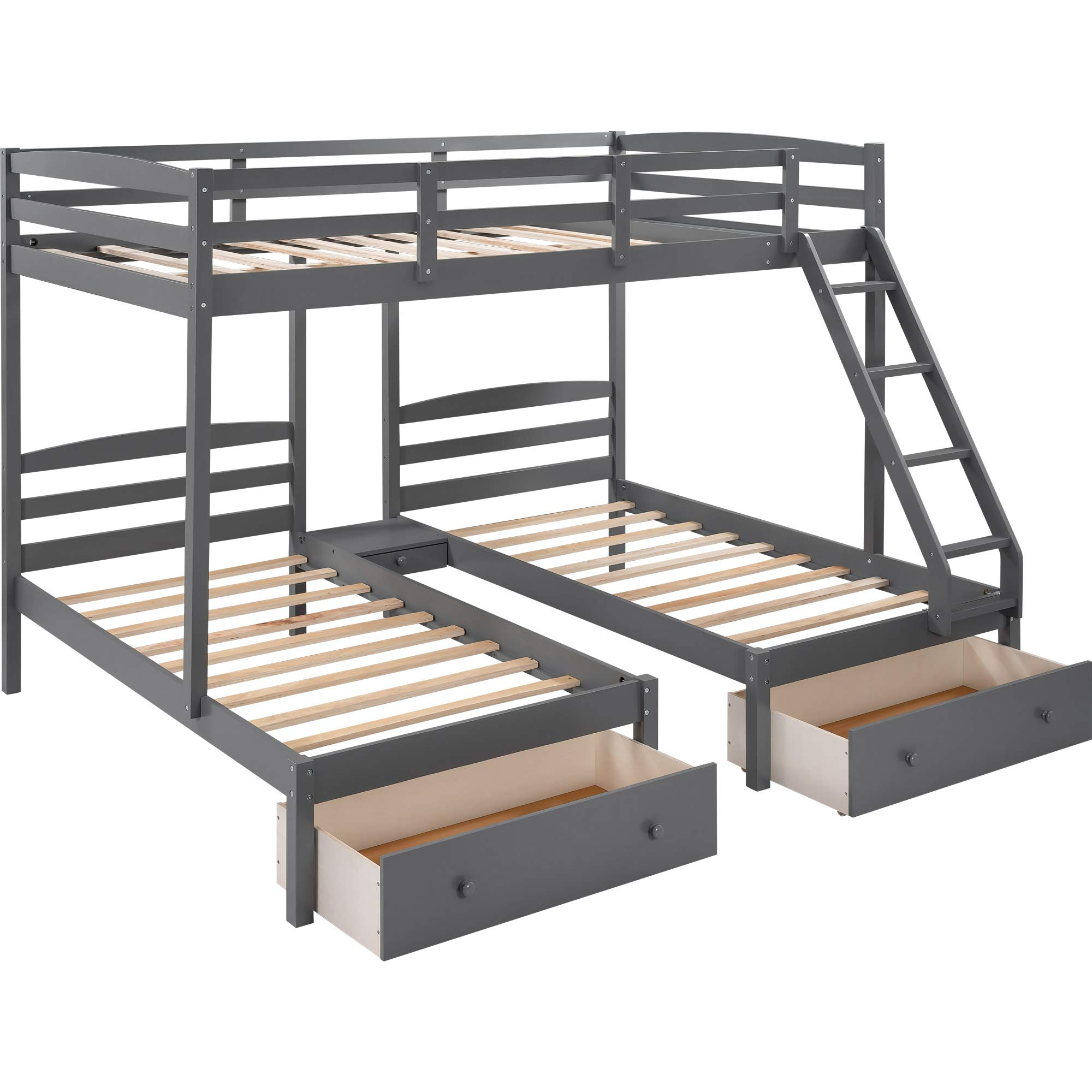 Triple Bunk Bed Full Over 2 Twin Bunk Bed with 3 Drawers &