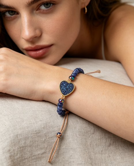 Natural Blue Sodalite Heart Druzy Charm Bracelet Handmade Women Boho Bracelet