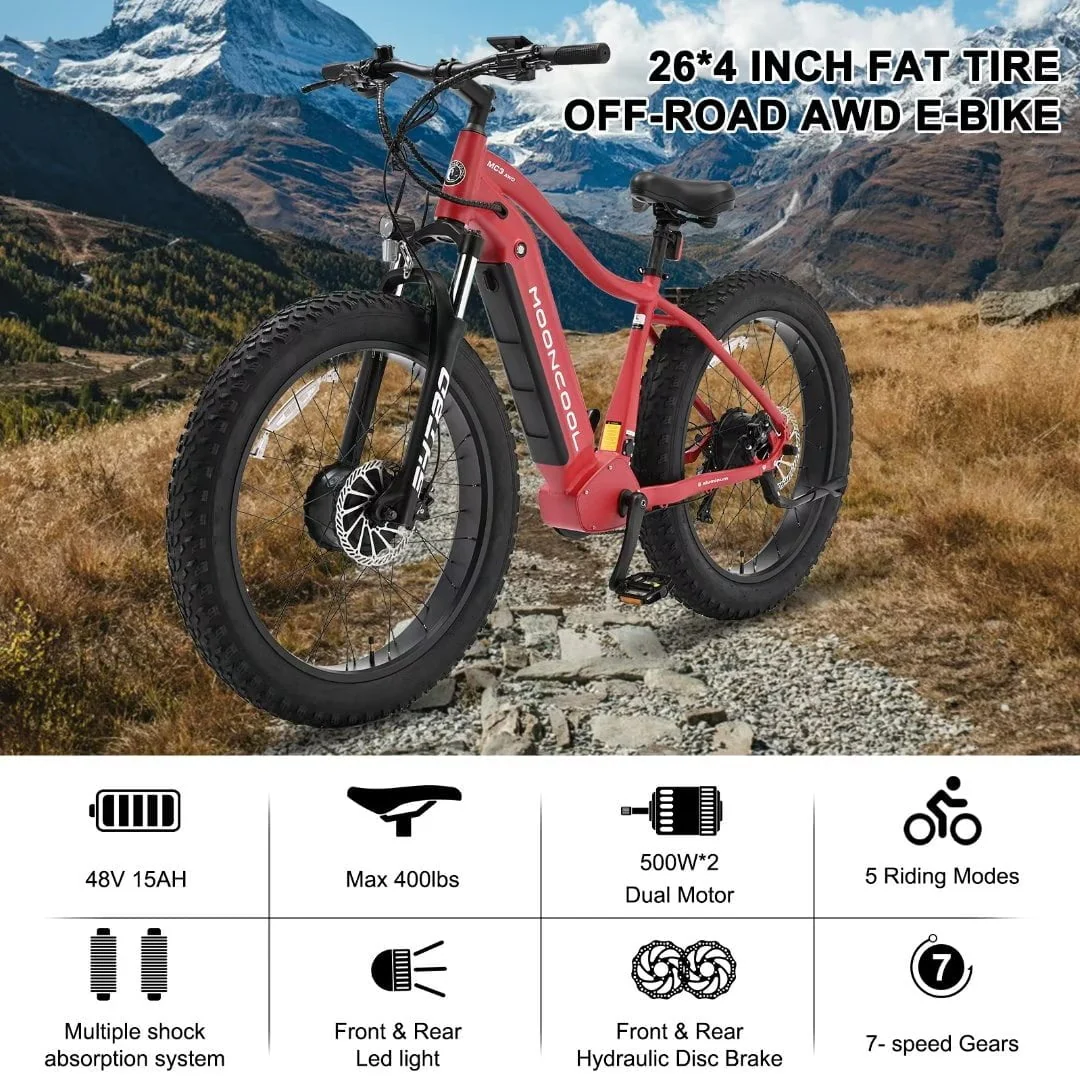 FICISOG 26in Fat Tire Electric Bike, Dual 500W Motors, 48V 15Ah