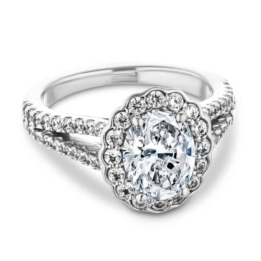 Nora Oval Lab Grown Diamond Split Shank Antique Vintage Halo Engagement Ring
