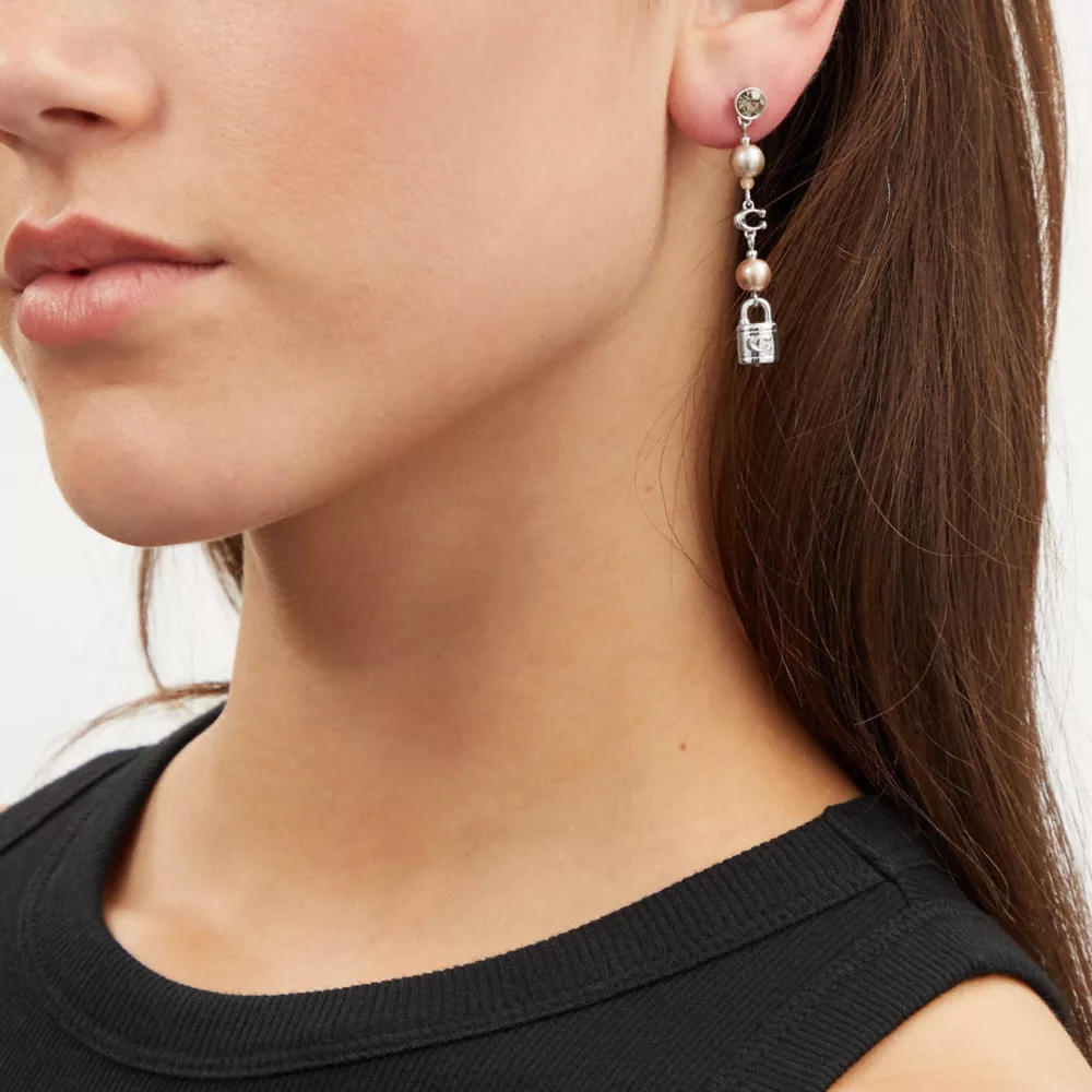 COAthtCH Pearl And Padlock Mismatch Linear Earrings