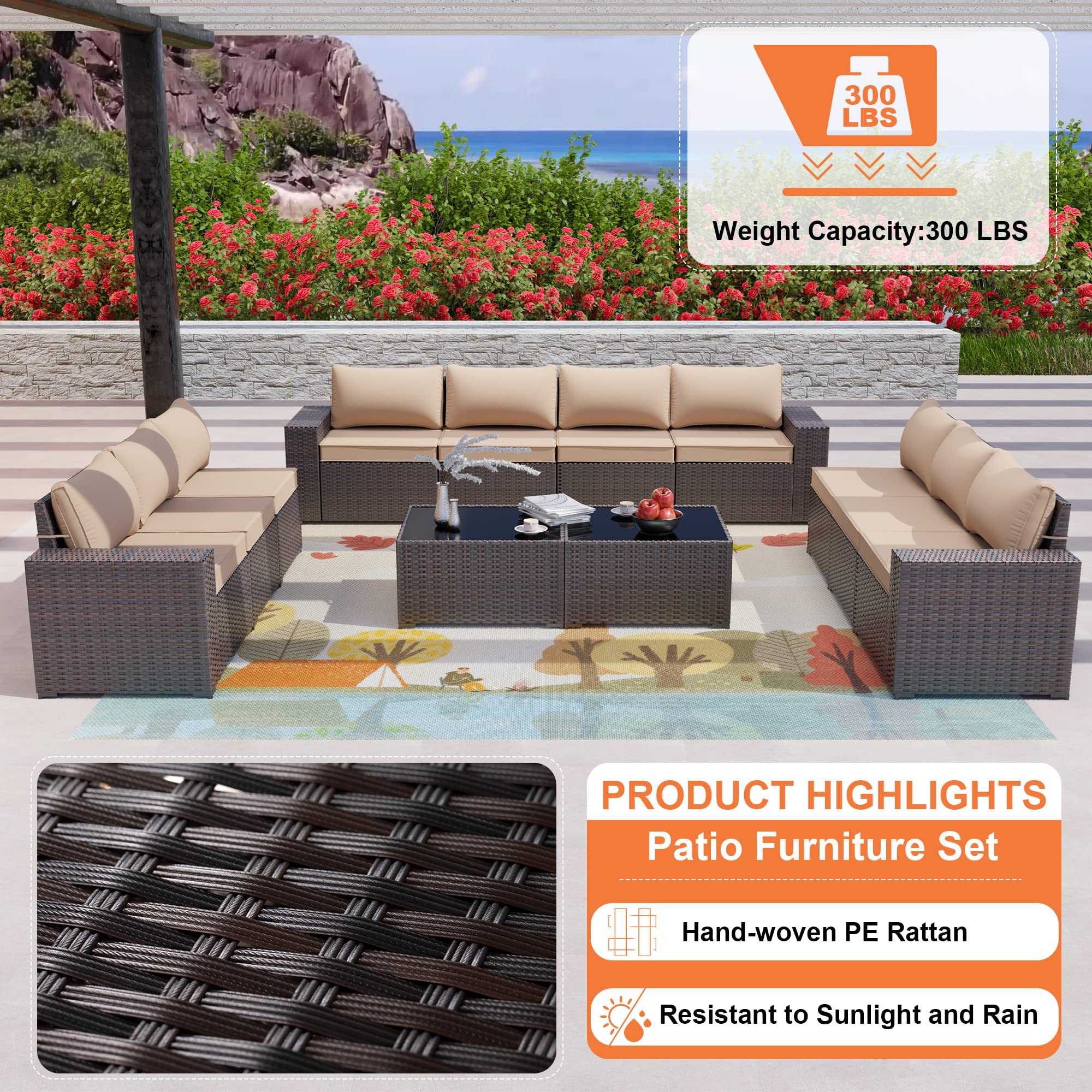 12 Pcs Patio Furniture Set Sectional Sofa Sets Brown PE