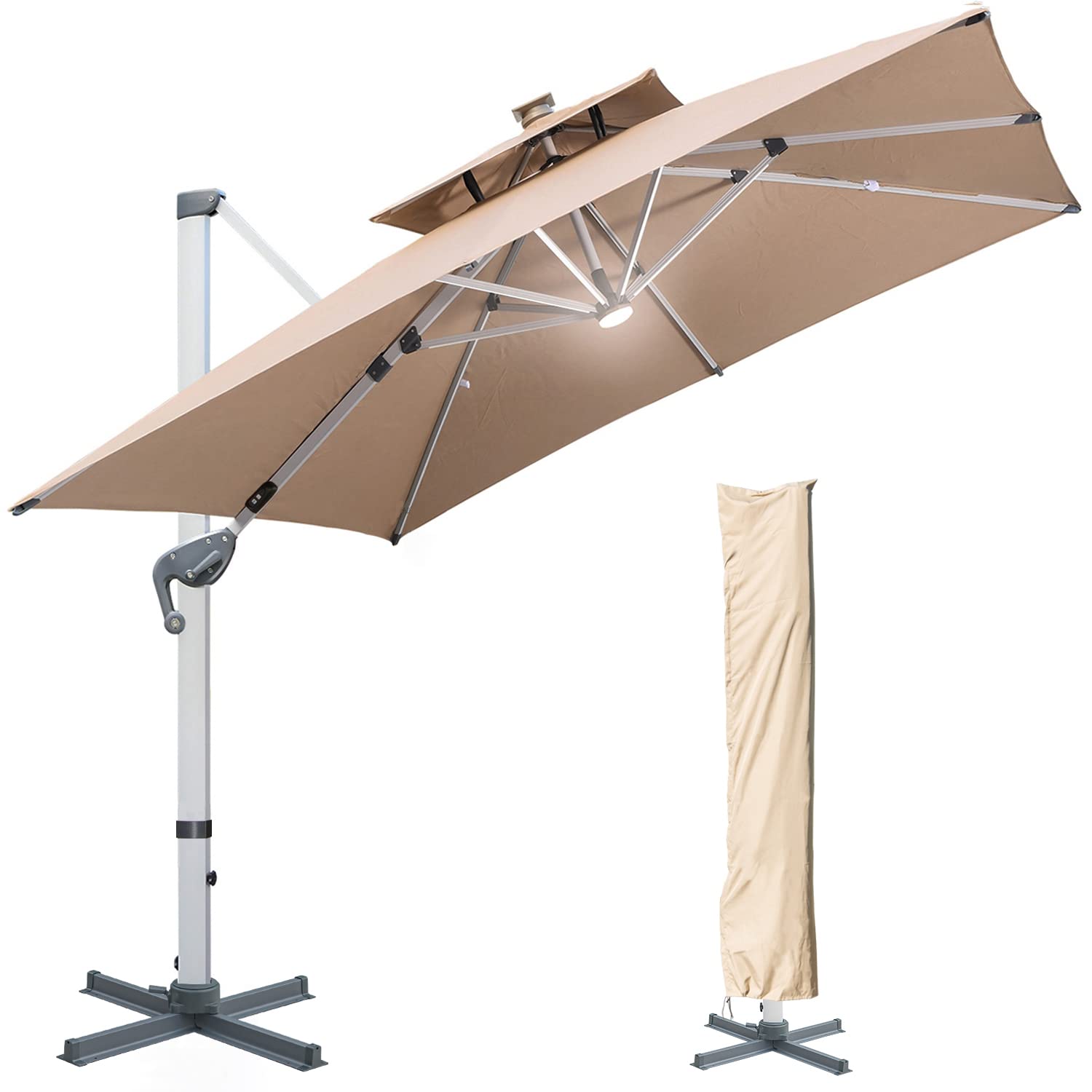 10 FT Square Cantilever Umbrella with Solar LED Lights & Cross