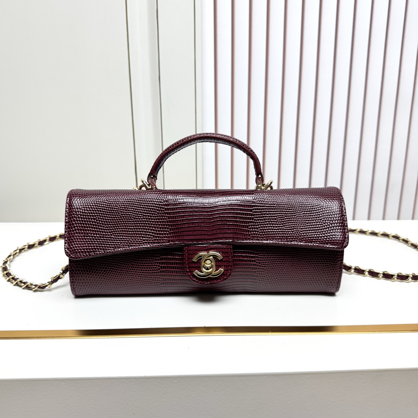Chanel Tube Top Handle Bag, Lizard-Effect Embossed Calfskin, Gold-Tone Metal