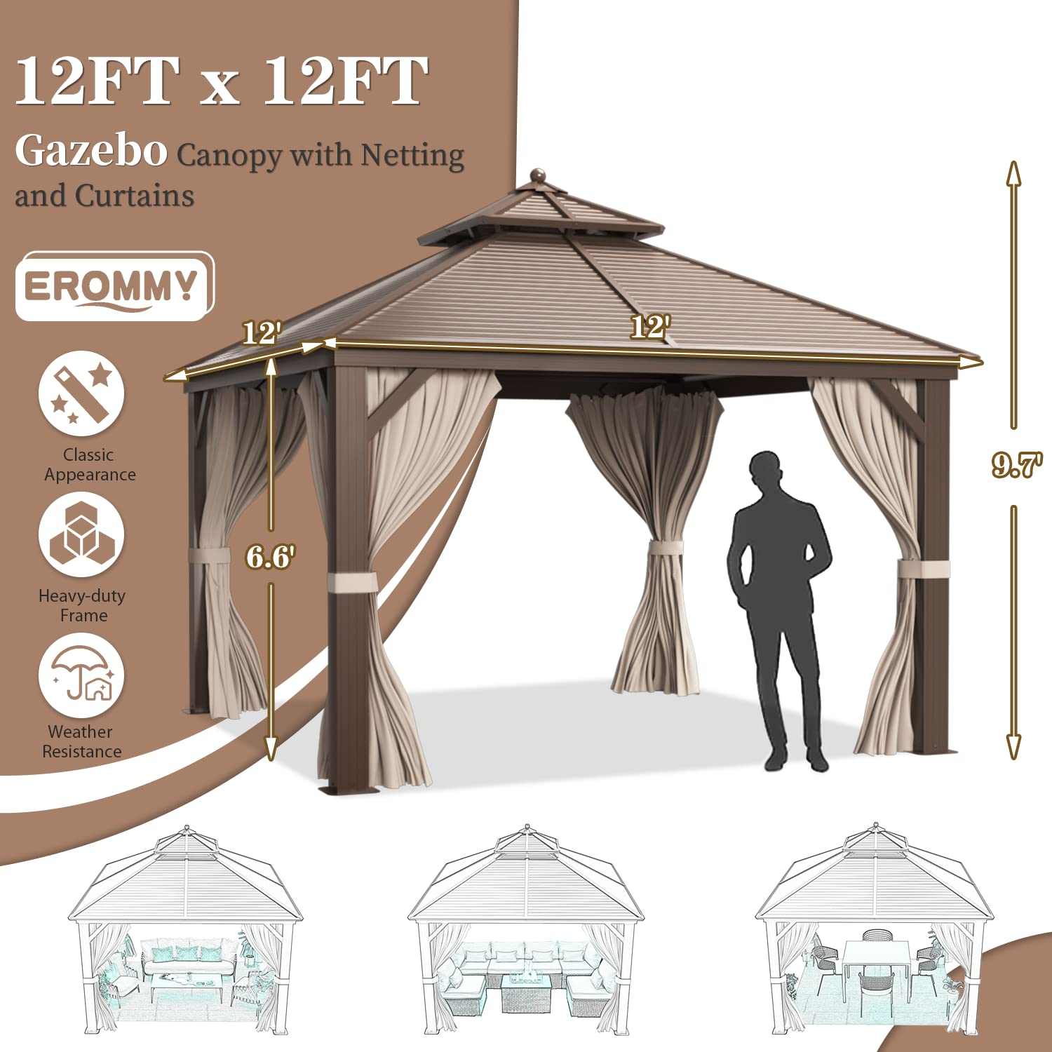 Hardtop Gazebo Galvanized Steel Gazebo Canopy Double Roof
