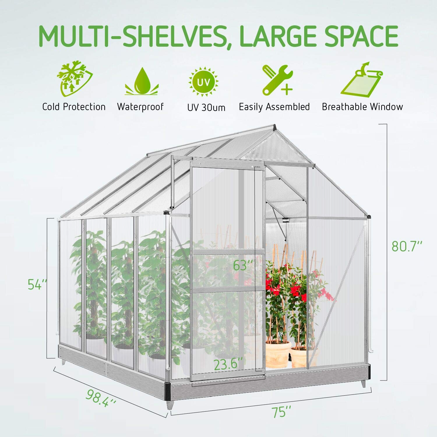 Aluminum Green House with Sliding Door and 2 Ventilation Window