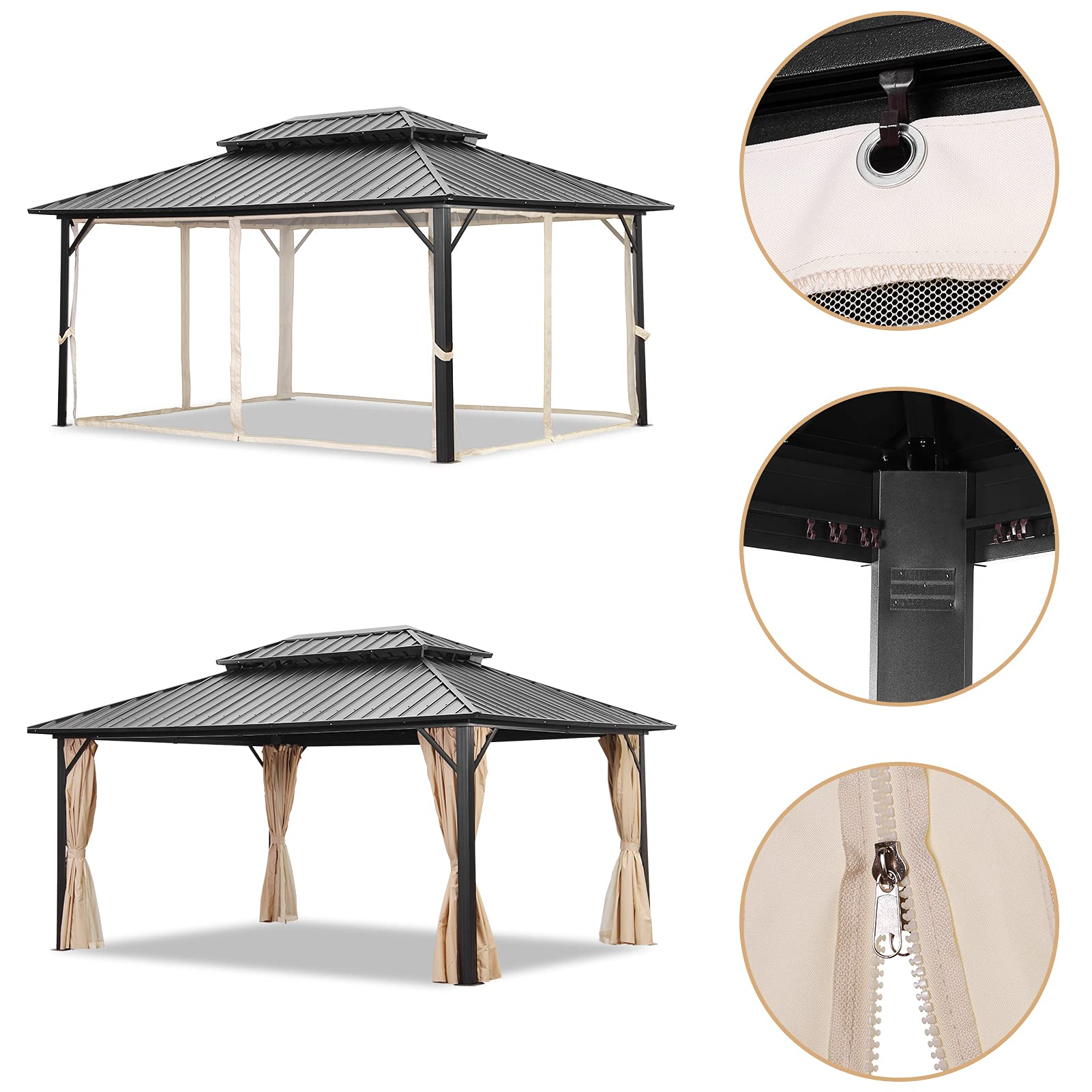 Outdoor Patio Hardtop Gazebo with Netting
