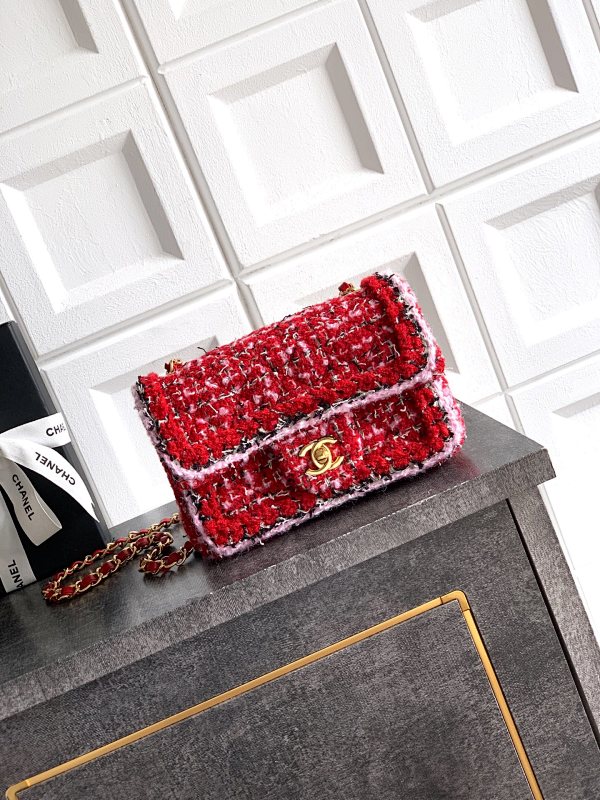 Chanel Tweed Flap Bag Red Gold