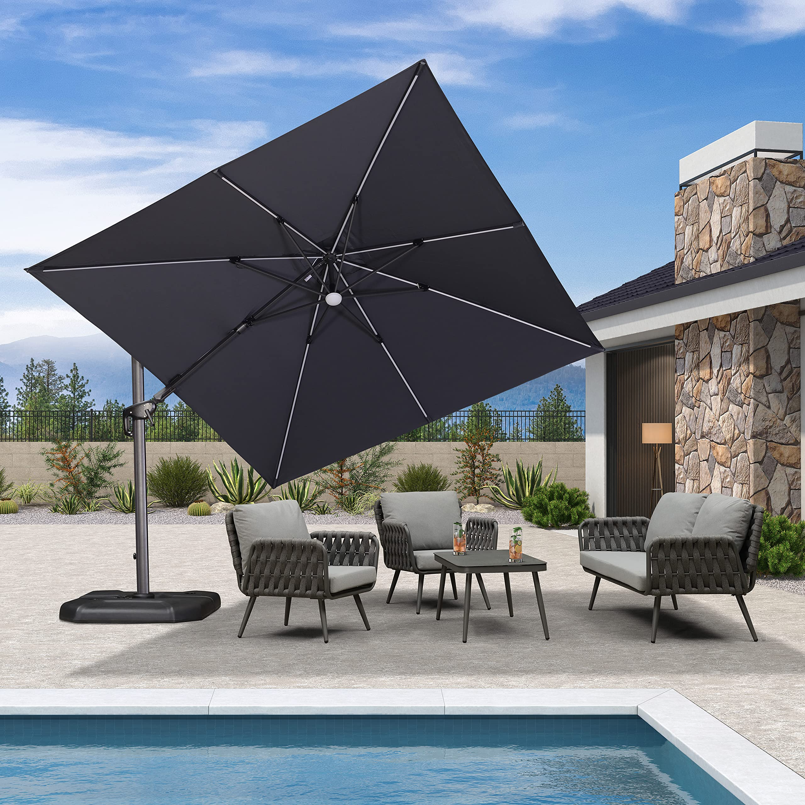 10 Feet Patio Umbrella Cantilever Solar Powered LED Swivel