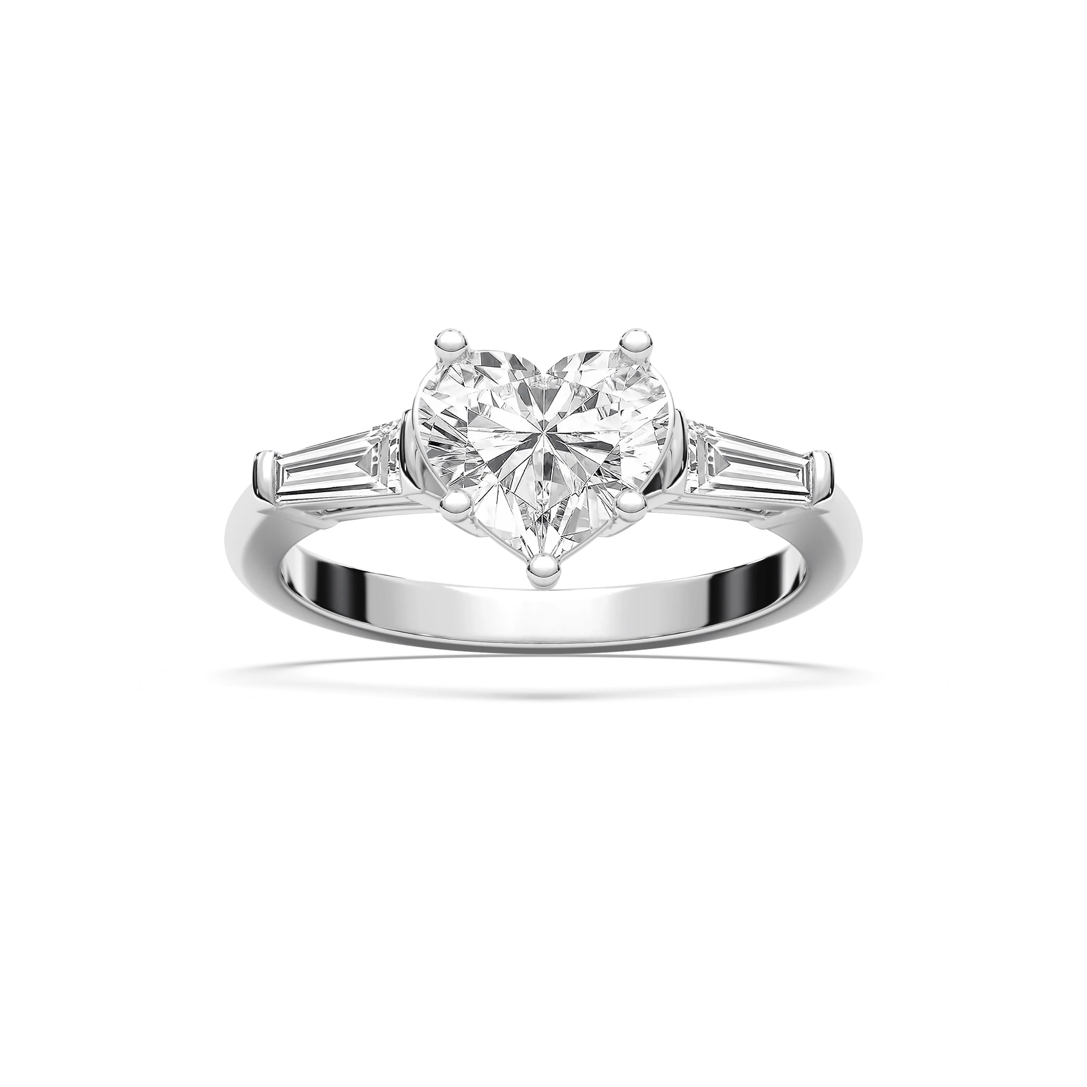 Justice Heart Lab Grown Diamond with Tapered Baguette Sides Three Stone Engagement Ring