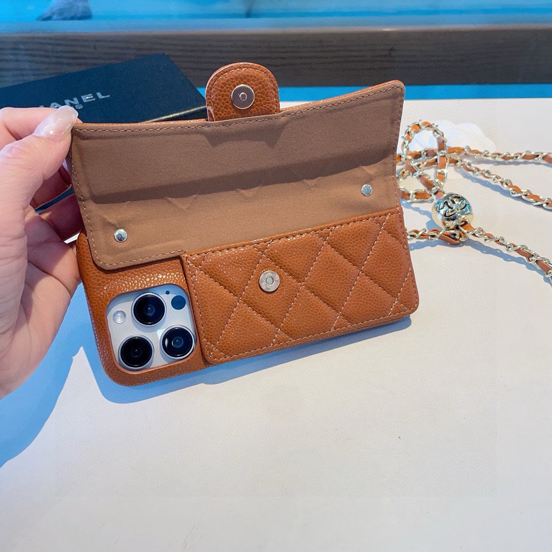 Chanel Style Quilted Leather Flip Card Holder Phone Case With Gold Chain Crossbody Strap