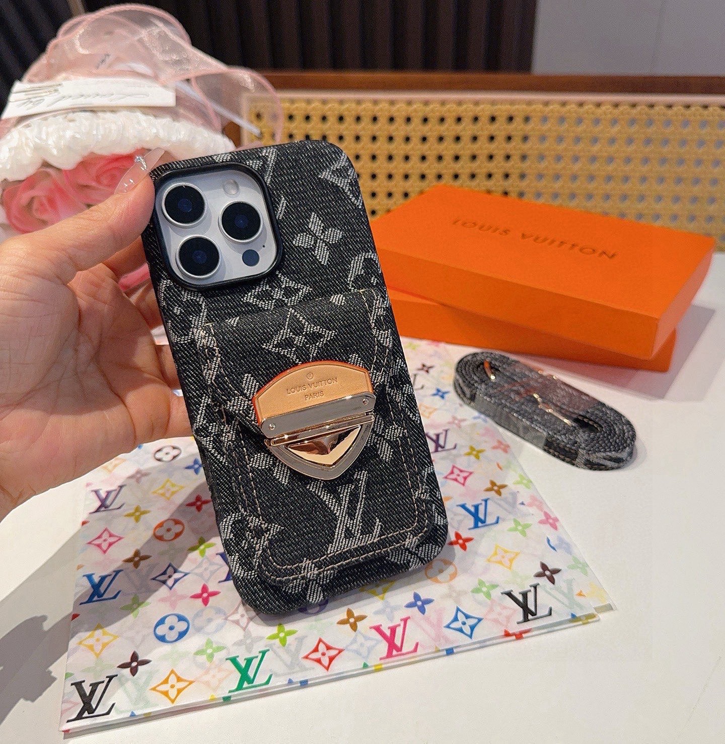 LV Denim Lock Card Holder Phone Case with Crossbody Strap