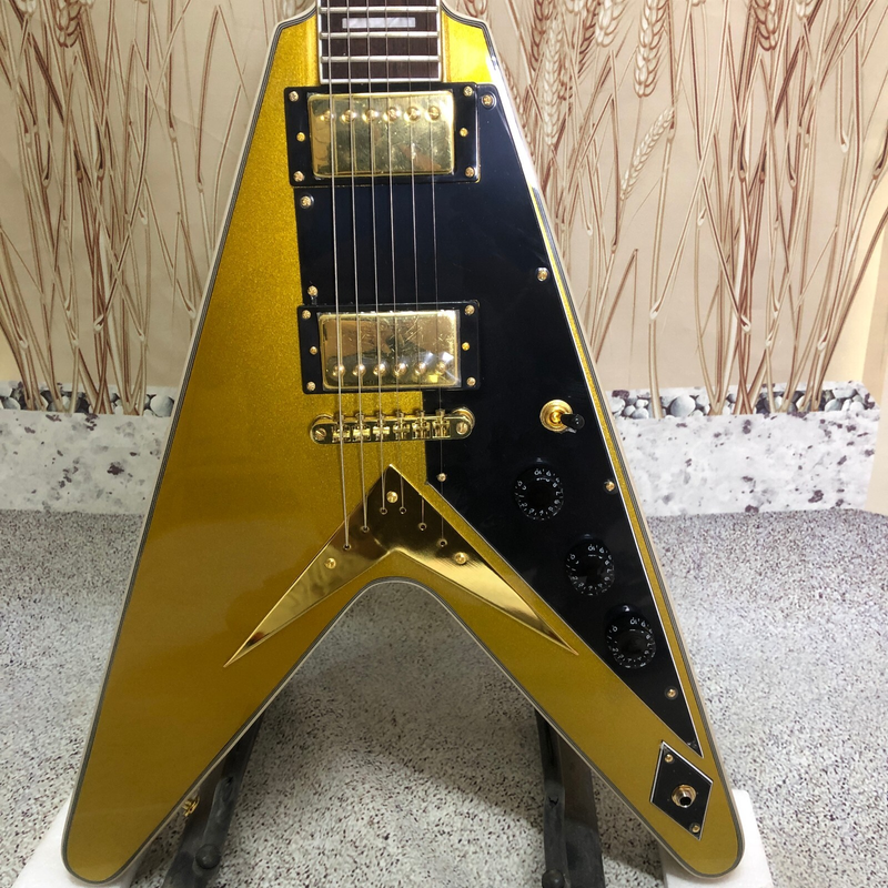 Badaxx Flying V Electric Guitar Gold Top Gold Warehard Solid Mahogany 22 Frets