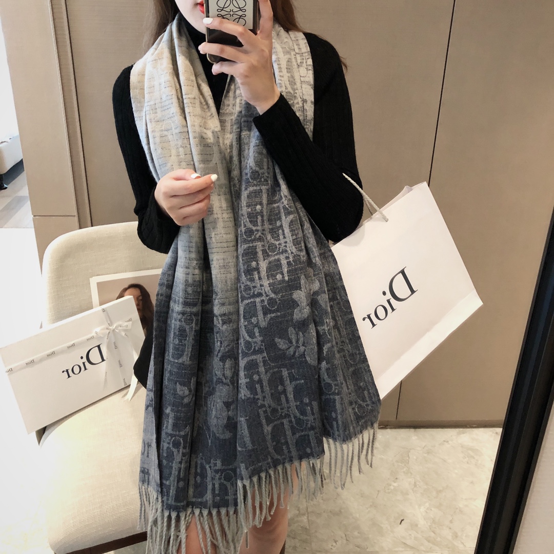 Dior Logo Jacquard Shawl Beige and Navy 180 x 65 cm