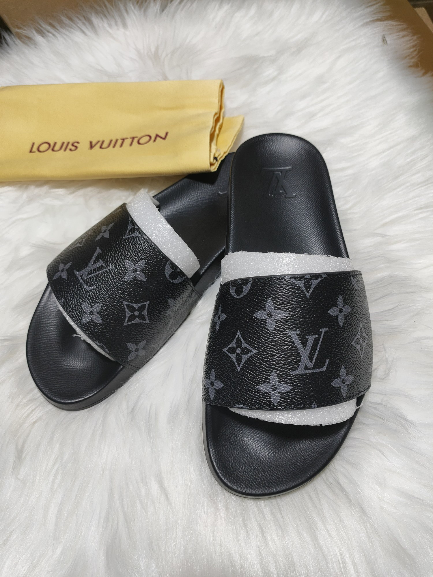 LV Monogram Printed Rubber‑Coated Canvas Slide Slippers
