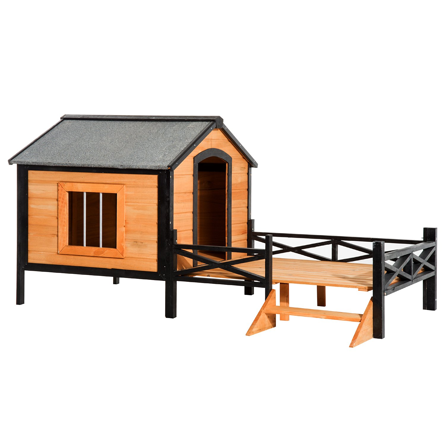 67" Large Wooden Cabin Style Elevated Dog House with Porch