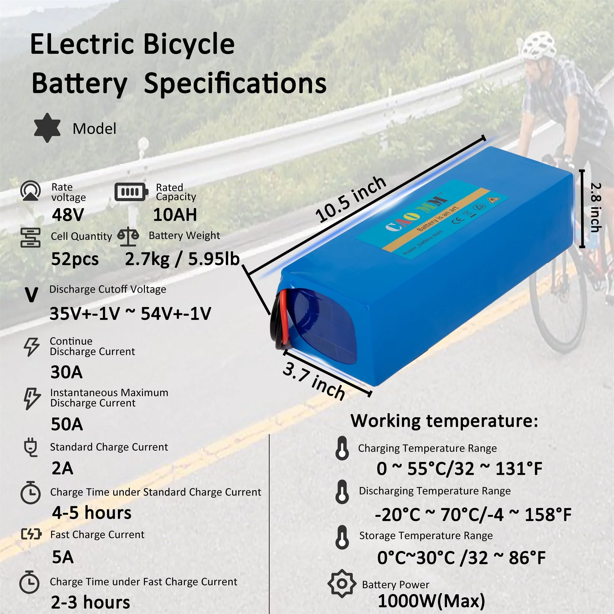 48V 10Ah Lithium E-Bike Battery, Battery Only