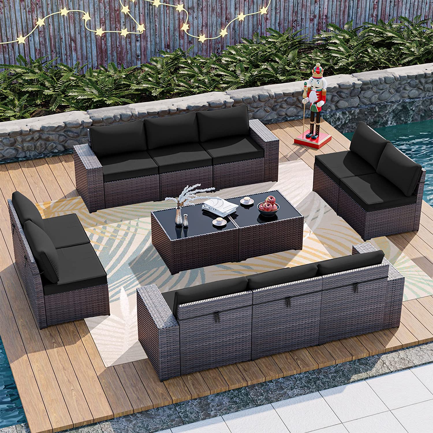 12 Pcs Patio Furniture Set Sectional Sofa Sets Brown PE