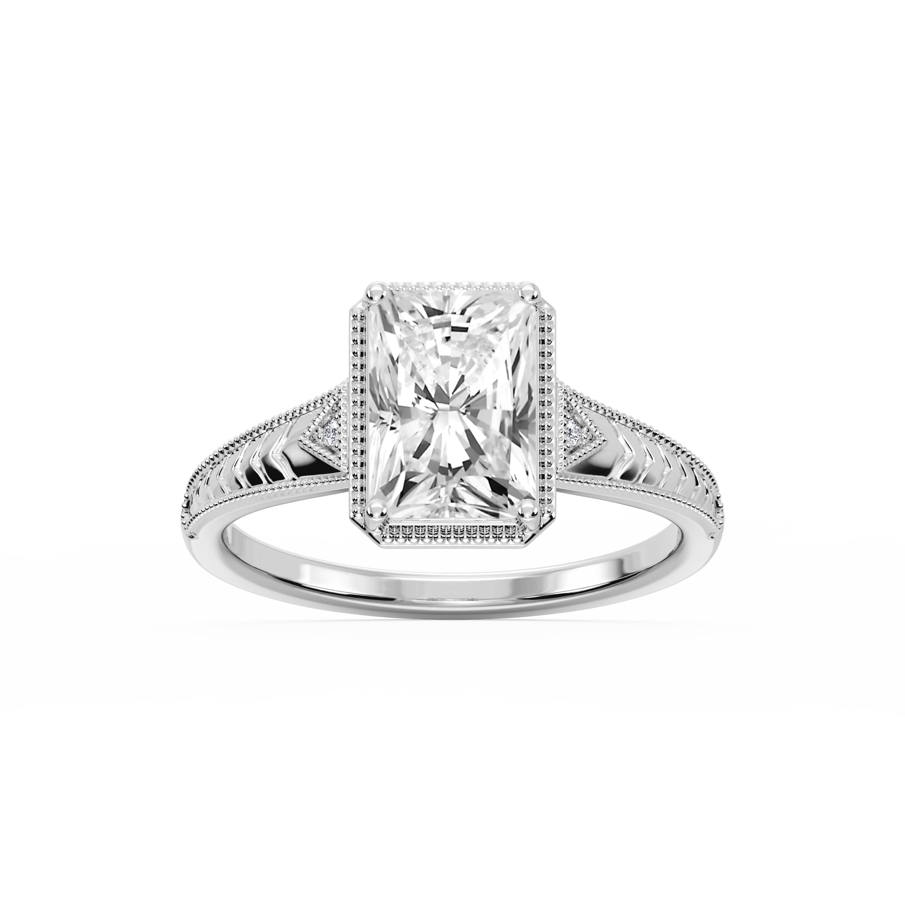 Florence Radiant Lab Grown Diamond Milgrain Bezel Three Stone Engagement Ring