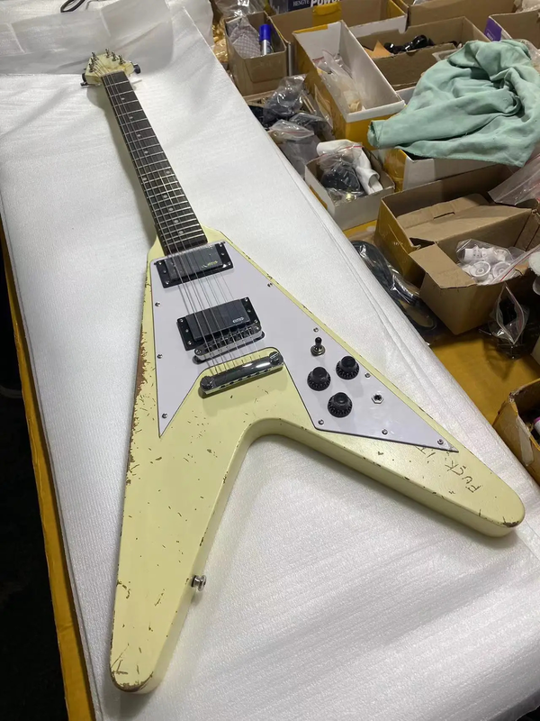 Relic Fly-V Style Electric Guitar, Mahoganyy Body, Cream Color, Tune-O-MAtic Bridge
