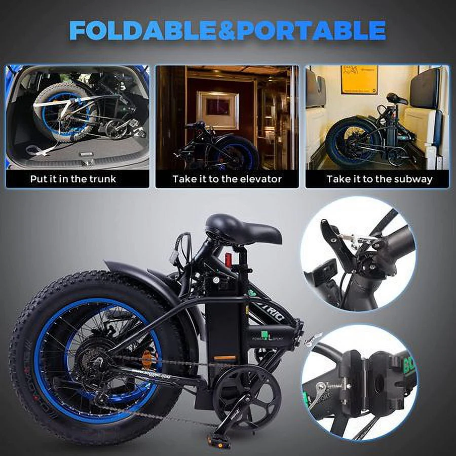 ECOTRIC 20in Folding Fat Tire Electric Bike, 500W, 36V 12Ah, Black/Blue