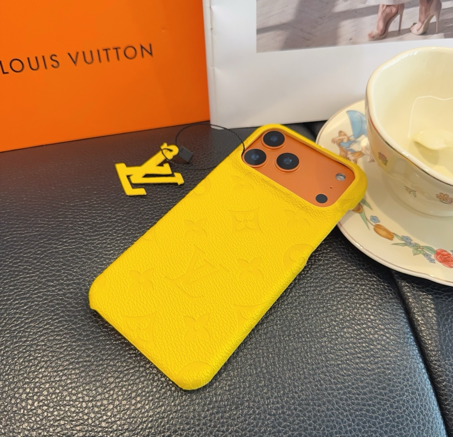 Louis Vuitton Style Embossed Monogram Leather Slim Phone Case