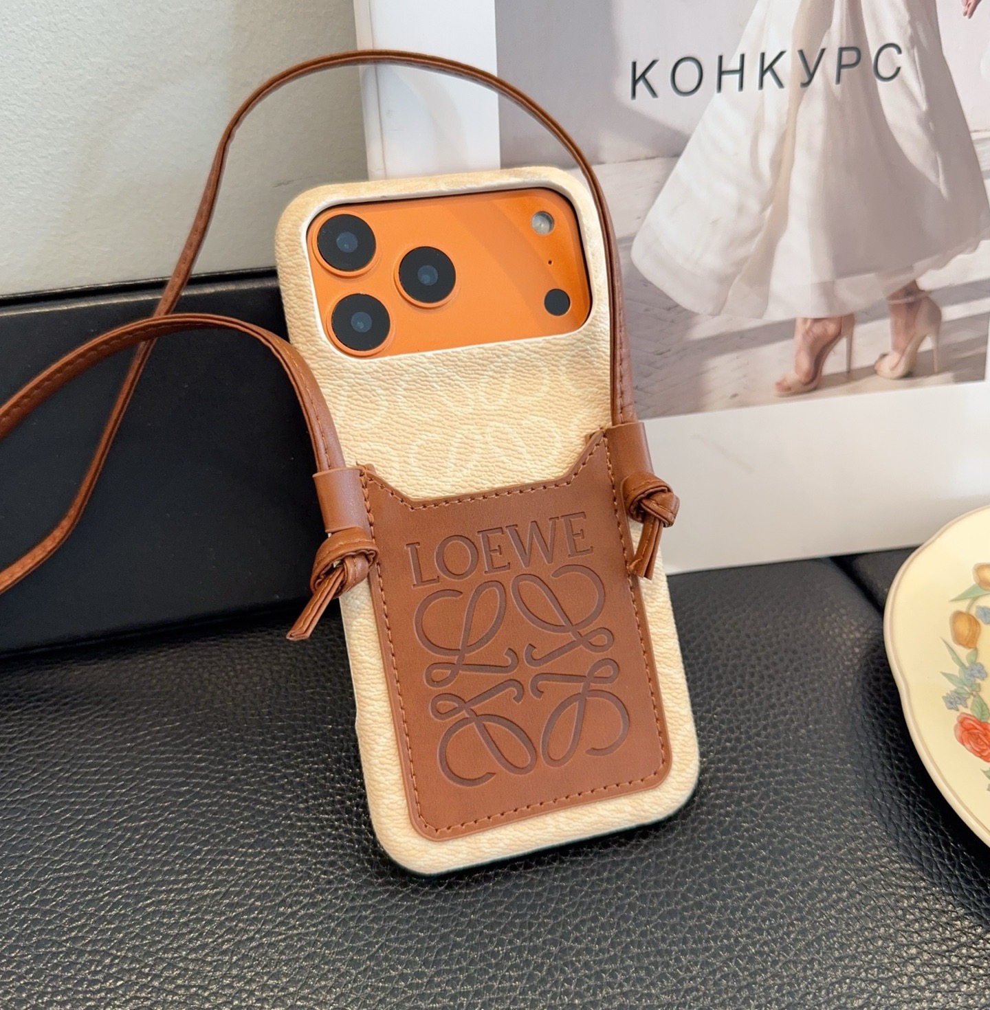 Loewe Style Anagram Embossed Card Holder Crossbody Phone Case