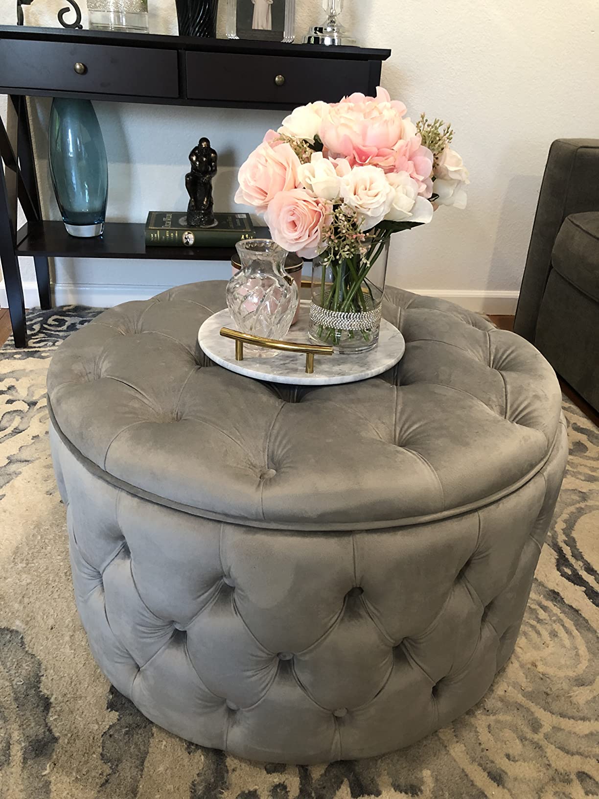 Homebeez Round Velvet Storage Ottoman