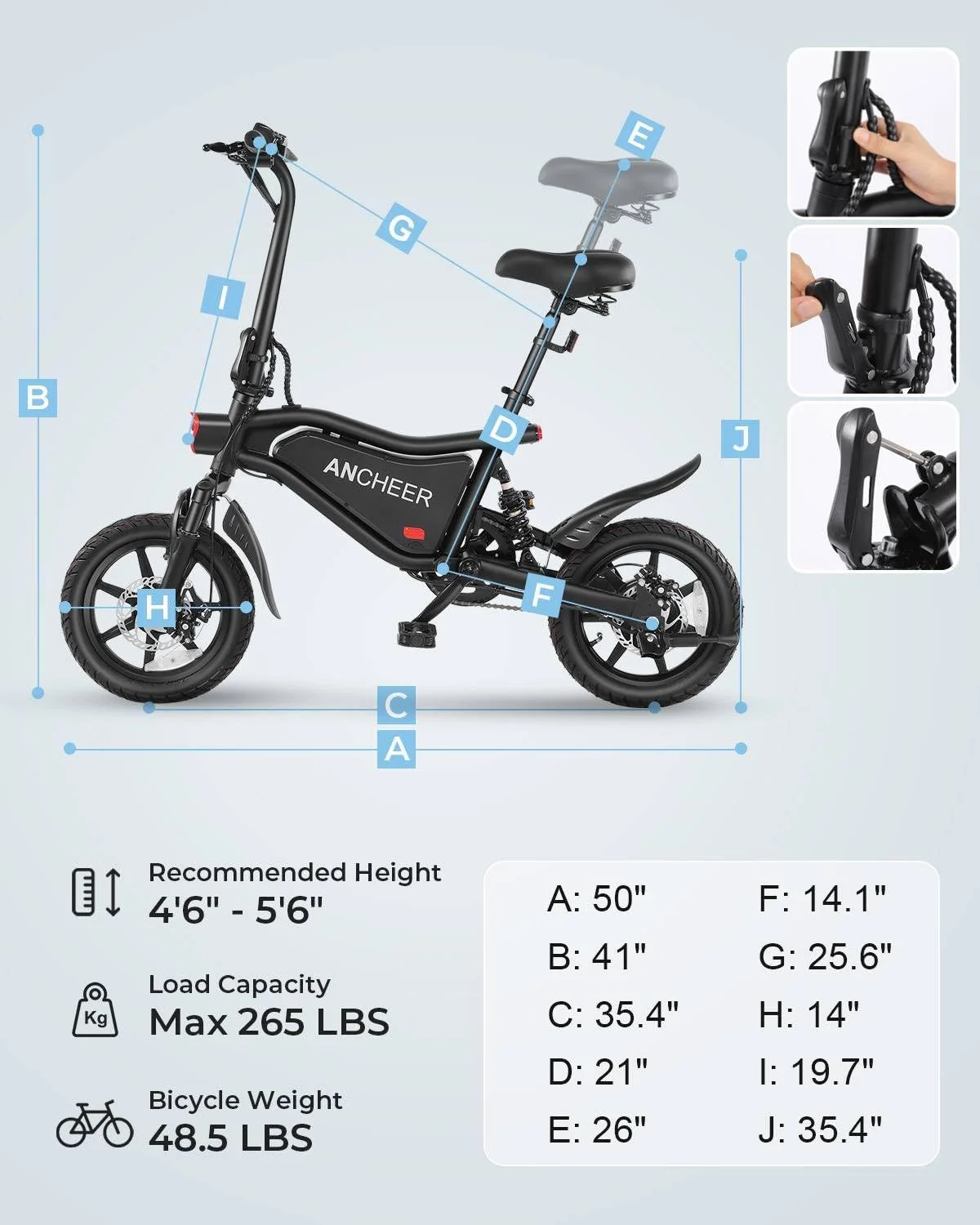 ANCHEER 14in Folding Electric Bike, 500W Peak, 48V 374Wh