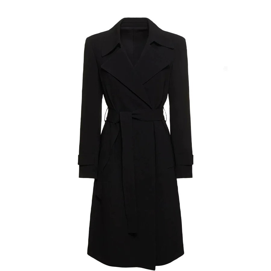 Solid color tie-waist mid-length trench coat